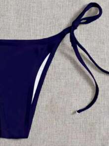 SHEIN Swim 纯色系带泳裤，适合海滩度假，女士泳裤，丁字裤泳衣，女士比基尼，性感塑形泳衣 - 藏蓝色 - 查看 4