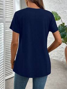 EMERY ROSE Plus Size Solid Half Sleeve Casual V Neck T-Shirt For Summer - Navy Blue - View 2