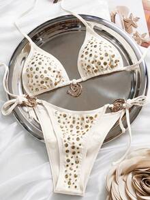 Swim SXY 2pcs Women's White Bikini Set Halter Neck Rhinestone Embellishment Metal Shell Decor 70s Retro Summer Holiday Party Summer Holiday Swimwear - White - View 2
