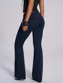 TypaGal Pantalones acampanados ajustados de unicolor con ojetes metálicos para mujer - Azul Marino - Ver 2