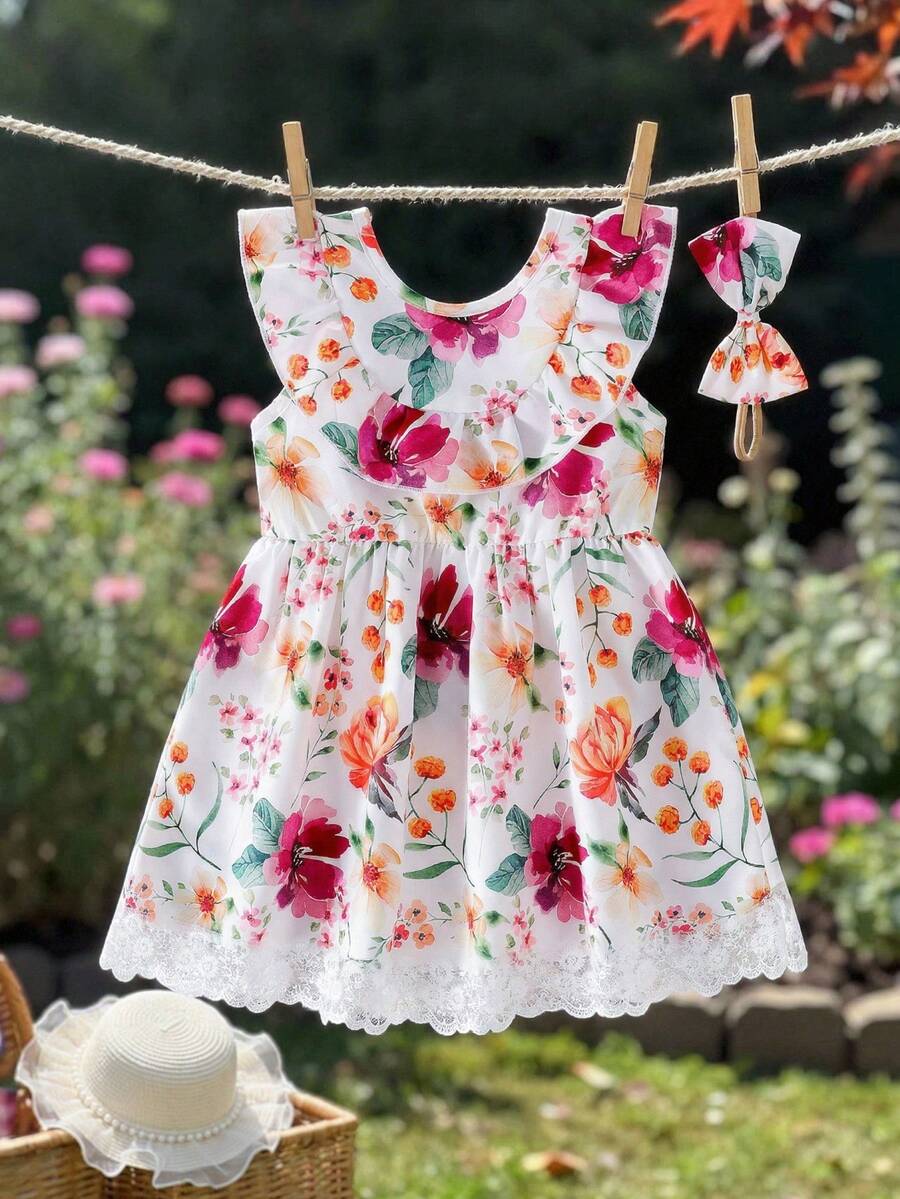 SHEIN Vintaside Kids 女嬰白色花卉蕾絲飾邊洋裝,可愛夏季度假熱帶海灘休閒荷葉袖派對復活節穿搭 - 白色 - 查看 1