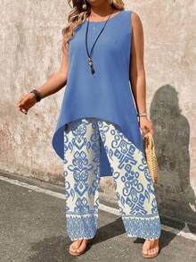 EMERY ROSE Plus Size 2 Pieces Set: Paisley Print Sleeveless Top And Wide Leg Pants - Baby Blue - View 3
