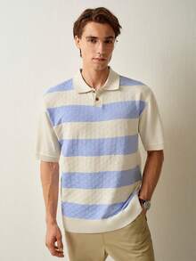 RONVEXI Men's Blue And White Stripe Knit Polo Shirt,Summer Casual Short Sleeve Top,Breathable Lightweight Retro Outfit For Graduation,Back-To-School,Beach - Blue and White - View 6