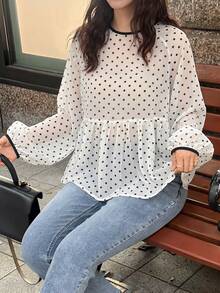 FRIFUL 女款純白色配黑色波點透視布料層次紋理綁帶領結寬鬆休閒優雅百搭上衣 早午餐秋季長袖 - 白色 - 查看 5
