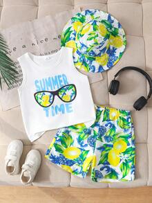 SHEIN 男童三件套夏季沙滩套装 | 男女童夏威夷风白色无袖背心 + “夏日时光”蓝色棕榈树印花短裤 + 配套遮阳帽 | 沙滩度假泳装罩衫 | 水上游戏服 | 4-7岁户外套装 | 家庭沙滩旅行休闲短裤帽子套装 | 清凉夏日装扮 - 彩色 - 查看 7
