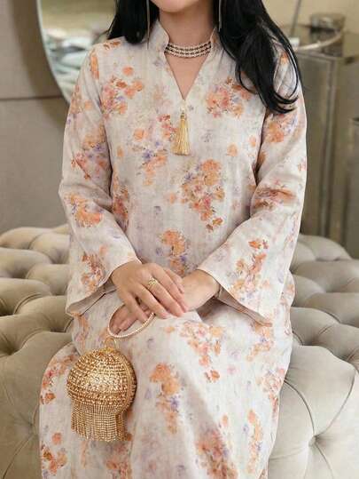 Al Najma Women's Elegant Notched Neck Floral Print Flare Sleeve Dress