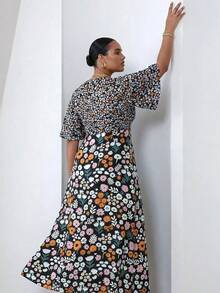 ELLERISSA 大码 V 领优雅碎花印花中长连衣裙，夏季短袖连衣裙，婚礼宾客装扮，修身度假连衣裙，波西米亚风印花连衣裙 - 彩色 - 查看 2