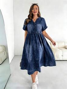 SHEIN Essnce 大码纯色斜插口袋翻领休闲短袖连衣裙 - 彩色 - 查看 4