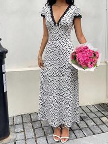 Sunnyshic 蓝色花卉拼接蕾丝V领A字连衣裙，优雅可爱休闲，适合度假、海滩派对、日常穿着，百搭夏季女装 - 白色 - 查看 5