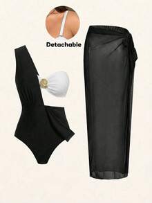 SHEIN Swim Chicsea 大码三件套优雅棕色金属扣装饰连体泳衣，可单独搭配其他服饰，适合派对和度假穿着 - 黑與白 - 查看 10