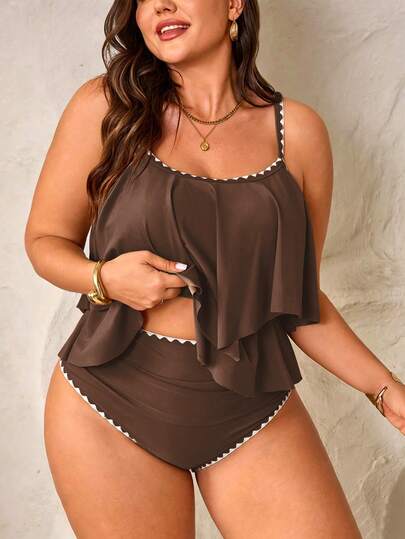 Swim Lushoire Bộ đồ 2 mảnh cỡ lớn dành cho nữ: Áo hai dây màu xanh lá cây với viền bèo nhún kép và quần cạp cao xếp ly, thích hợp cho kỳ nghỉ hè ở bãi biển.