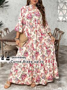 SHEIN CURVE+ Đầm 4 tầng kiểu Bohemian in hoa dành cho nữ cỡ lớn, thích hợp mặc hàng ngày vào mùa hè, lễ tốt nghiệp, dự đám cưới, kỳ nghỉ, đi biển, lễ hội, đầm hai dây, tiệc sinh nhật, đầm xòe, quần áo mùa hè cho nữ, trang phục nữ, trang phục cỡ lớn cho nữ, trang phục mùa hè trang trọng, đầm hai dây cỡ lớn cho nữ, đầm hai dây cho nữ - Hồng - Xem 3