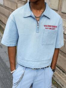 Manfinity EMRG Men's Casual Striped Embroidered Blue Denim Short Sleeve Shirt, Street Fashion - Light Wash - View 8