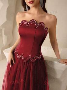 Coutiva Women's Rhinestone Embellished Mesh Patchwork Maxi Formal Gown (Heavy Embroidery) - Burgundy - View 1