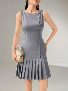 Heiryn Women's Solid Color Round Neck Button Design Pleated Hem Sleeveless Mini Dress,Summer Dresses For Women - Blue - View 4