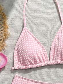 SHEIN Bộ bikini dây buộc cổ kẻ caro dành cho thiếu nữ, chất liệu vải có họa tiết, kiểu dáng dễ thương và phong cách Y2K, thích hợp cho bơi lội, hồ bơi, lướt sóng, kỳ nghỉ, du lịch, nghỉ xuân, đi biển. - Hồng - Xem 3