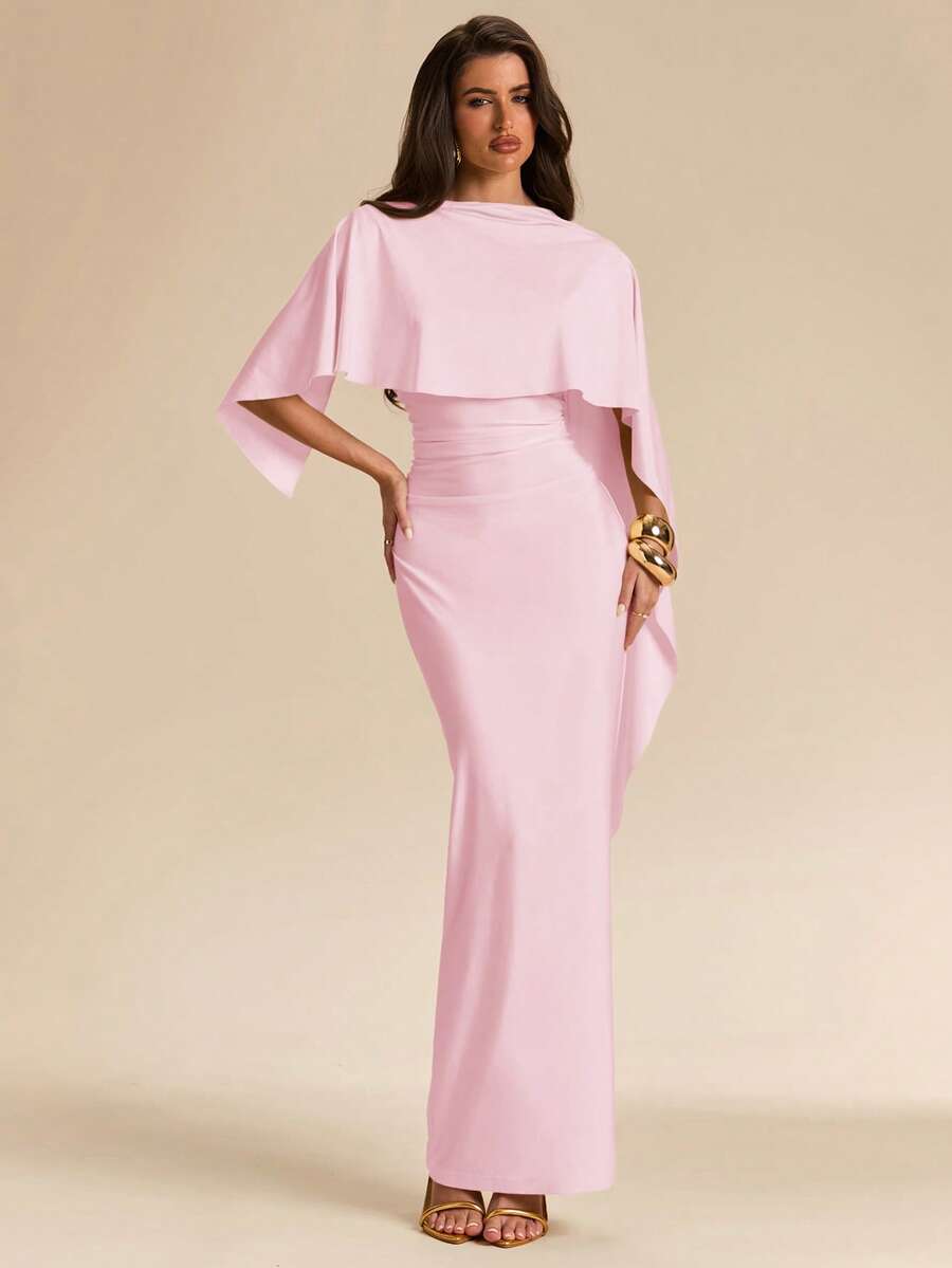 SHEIN BAE 女士纯色修身优雅长连衣裙，简约设计，适合夏季穿着 - 淺粉色 - 查看 1