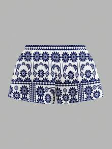 Veykashi Geometric Floral Print Casual Loose Shorts, Suitable For Summer, Plus Size - Multicolor - View 3
