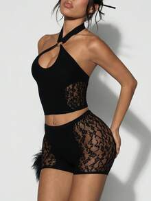 EgrlEra Bộ đồ 2 mảnh gợi cảm dành cho nữ: áo croptop cổ yếm và quần short. - màu đen - Xem 6