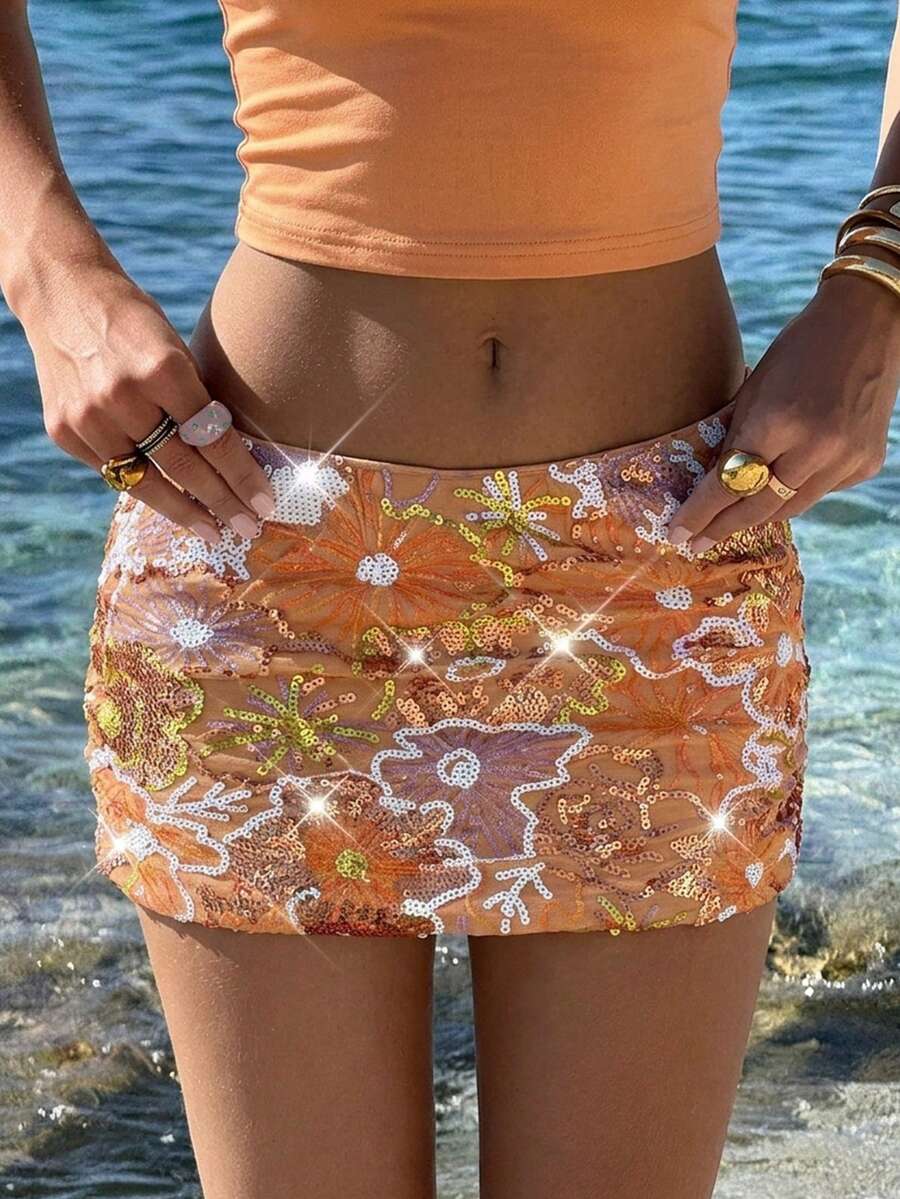 SHEIN ICON Minifalda de verano para mujer con estampado floral de lentejuelas, naranja brillante, sexy, para vacaciones, salir, fiestas, bailes de graduación, uso casual y versátil para uso diario
