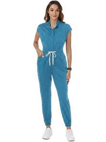 TaskEZ Uniforme de enfermera quirúrgica de mujer  TaskFit, bata de enfermera, uniforme de trabajador de salud con estampado de escarcha, mono con mangas de hombro, 4 bolsillos y cordón en la cintura - verde menta - Ver 7