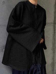 Women's Textured Zip-Up Casual Long Sleeve T-Shirt - Black - View 5