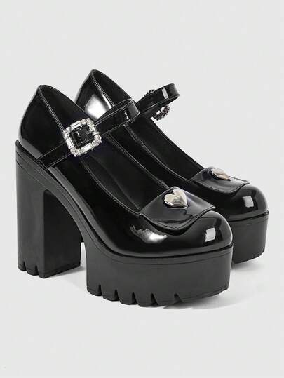 ROMWE Kawaii Giày cao gót đế dày bóng bẩy, phong cách Gothic Punk gợi cảm với khóa hình trái tim đính đá pha lê, quai đơn trang trí, thích hợp cho các buổi tiệc đêm, lễ hội, kỳ nghỉ.