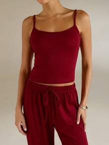 SHEIN Forever 21 休闲度假宽松绿色吊带上衣和裤子套装 - 酒紅色 - 查看 6