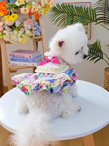 PETSIN 1 pieza Ropa universal para gato y perro, Vestido de mascota con volantes florales lindos, con lazo de mariposa y mangas abullonadas, Vestido de perro pequeño estilo princesa - Flor rota - Ver 5