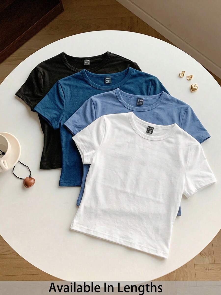 SHEIN Tall CURVE 加大码四件套,纯色短款圆领短袖修身T恤,适合夏季穿着 - 彩色 - 查看 1