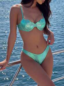 Bonvoyette 2pcs/Set New Bright Green Solid Color Sexy Backless Detachable Strap Beach Swimwear For Women, Spring/Summer - Green - View 4
