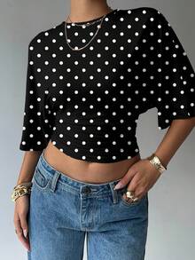 Aloruh Blusa de mujer de unicolor con cuello redondo, mangas tipo murciélago y diseño fruncido, top corto de moda - Blanco y Negro - Ver 5