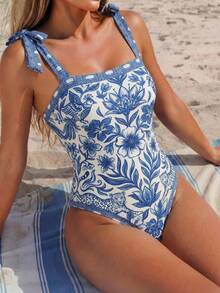 Swim Lushoire Áo tắm liền thân nữ kiểu dáng thanh lịch màu xanh trắng in họa tiết sứ, thích hợp cho kỳ nghỉ biển, tiệc tùng, hàng mới về. - Nhiều màu - Xem 5