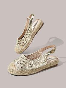 Styleloop Sandal nữ đế bằng, mũi tròn, thêu hoa điện tử, dây gai rỗng, thích hợp đi biển, nghỉ mát. - Vàng - Xem 5