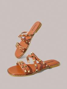 Styleloop Sandales à fond plat Nouvelle mode d'été Polyvalent Fond plat Saule Clou Chaussures pour femmes Série de vacances à la plage et de loisirs pour femmes - Tabac - Voir 6