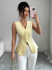 Selianne Women's Vest Elegant Business Casual Sleeveless Jacket Brocade Texture White Metallic Buckles Waist Cinching Design Office Autumn Tops - Light Yellow - View 4