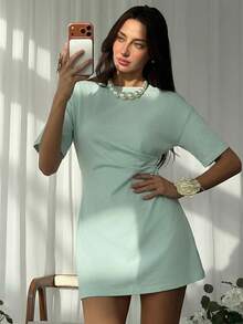 Vestido mini de verano casual y sencillo para uso diario, con hombros caídos, plisado y ajustado, de color liso - Verde Oliva - Ver 4