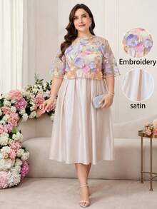 Reflora Plus Size Beige Elegant Wedding Guest Dress For Women,Floral Pattern Embroidery Satin Round Neck Luxury Evening Dress,Summer Spring Party Outfits - Multicolor - View 2