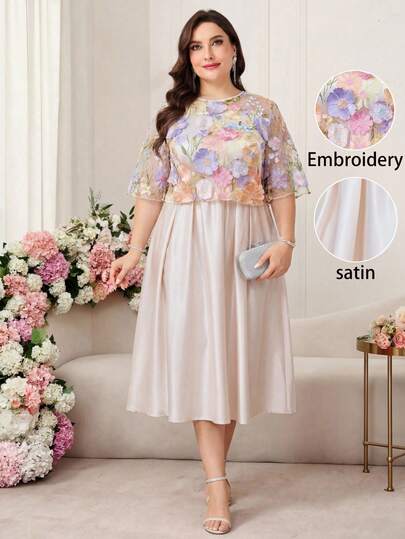 Reflora Đầm cổ tròn thanh lịch họa tiết hoa cỡ lớn