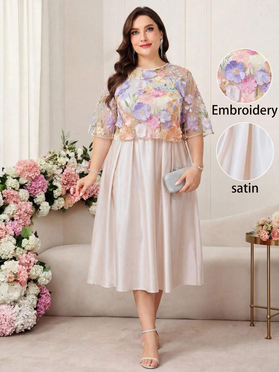 Reflora Plus Size Beige Elegant Wedding Guest Dress For Women,Floral Pattern Embroidery Satin Round Neck Luxury Evening Dress,Summer Spring Party Outfits