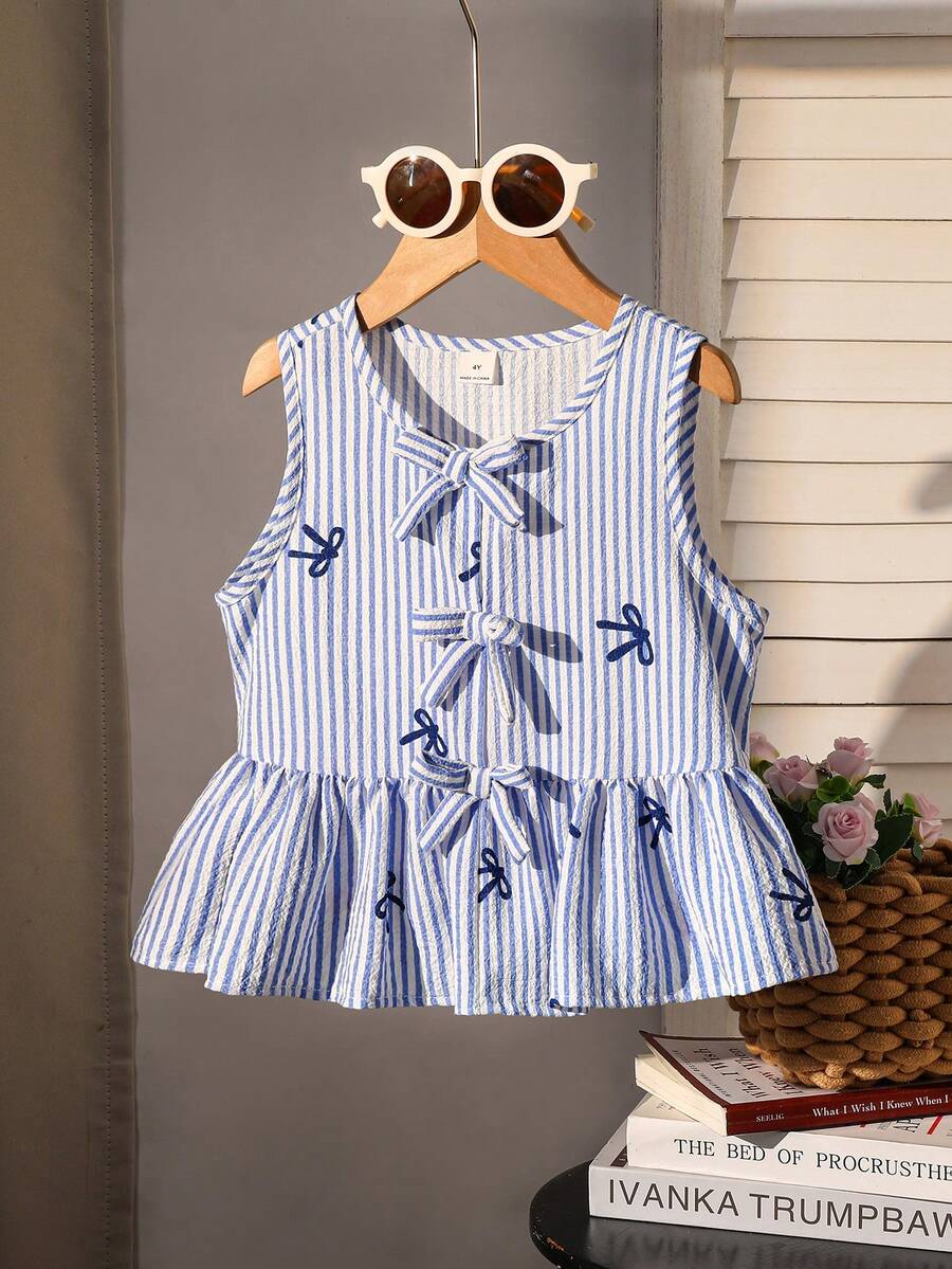 SHEIN Young Girl Woven Striped Casual Shirt - Blue - View 1