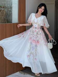 Modelyn Petite V-Neck Shawl Design Waist Cinched Flared Floral Print Chiffon Dress For Women ,Petite Women - Multicolor - View 9
