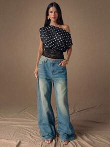 SHEIN BAE 黑色波点蕾丝拼接斜肩时尚女式衬衫，春夏款 - 黑色 - 查看 3