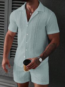 VENTUSAIL Men's Solid Color Front Button Short Sleeve Shirt And Slant Pocket Shorts Set, Holiday - Green - View 4