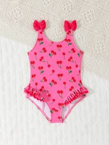 SHEIN Vintaside Kids 少女一件式泳衣 粉色櫻桃印花 蝴蝶結荷葉邊設計 高彈透氣 夏季海灘度假泳裝 - 玫紅色 - 查看 3