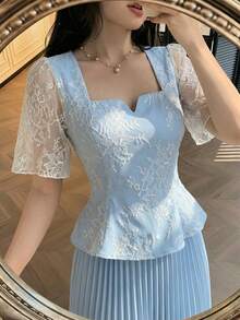 Modelyn 春夏优雅蓝色方领花瓣袖蕾丝修身上衣和百褶裙套装 - 藍色 - 查看 7