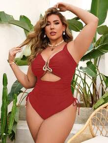 Swim Lushoire Traje de baño de una pieza sexy con espalda hueca de unicolor para mujer de talla grande - Rojo - Ver 3