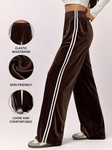 SHEIN Tall Women's Brown Striped Velour Wide Leg Joggers,Winter Gym Athleisure Track Pants,Thick Tie Waist Low Waist Casual Lounge Pants,Cottage Core Old Money - Brown - View 16