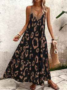 EMERY ROSE Gaun Tanpa Lengan Motif Leopard untuk Wanita, Gaun Liburan Kasual Maxi untuk Pantai - Hitam - View 5