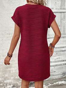 EMERY ROSE Women's Summer Casual Vacation Solid Color Textured V-Neck Batwing Sleeve Dress - Red - View 2